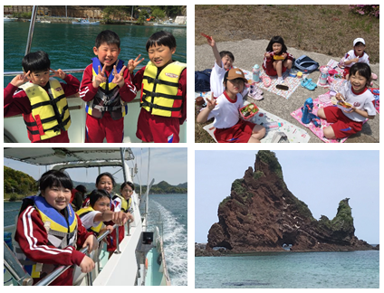 ライフジャケットを着た児童たちが船に乗ったり、敷物の上でお弁当を食べている複数の写真