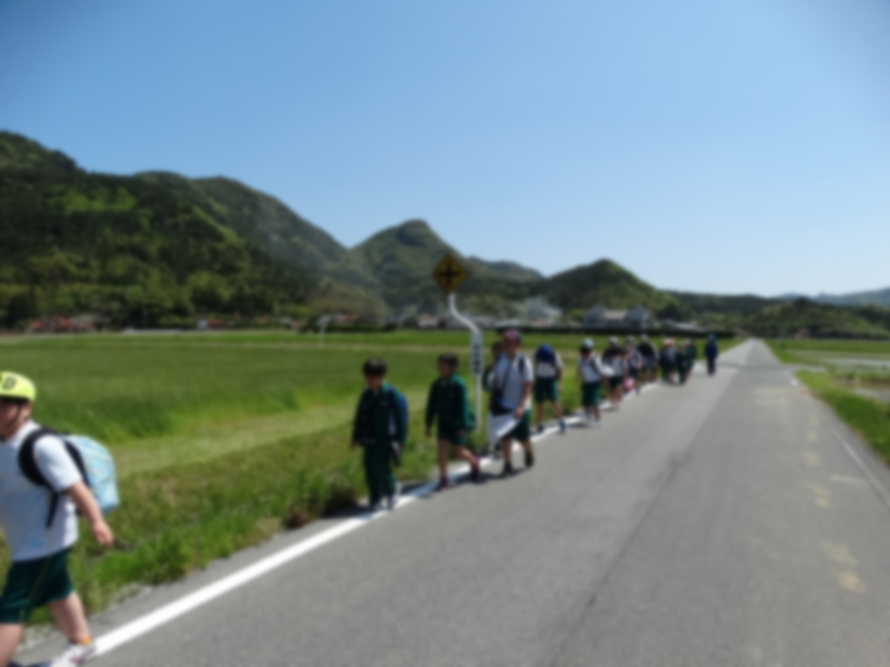 見通しの良い道路の端を列になって歩いている児童の写真