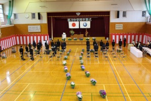 体育館でステージ上に2つの旗が掲げられ、生徒が整列している卒業式の様子を上から写した写真