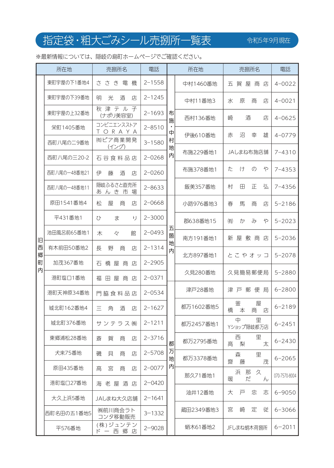 令和5年9月時点の指定袋・粗大ごみシール売捌所一覧表