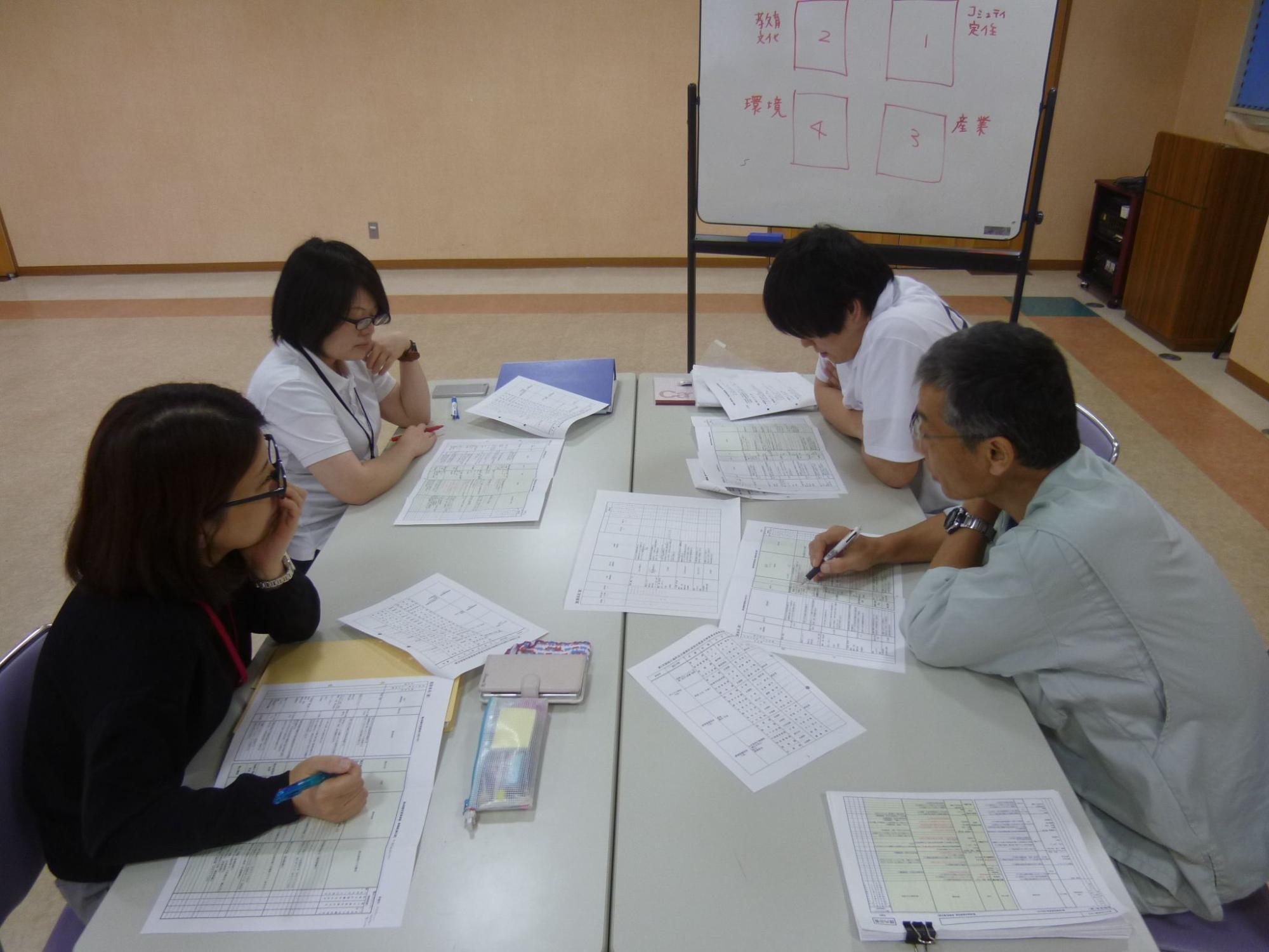 男性2人と女性2人のグループで話し合いをしている職員たちの写真