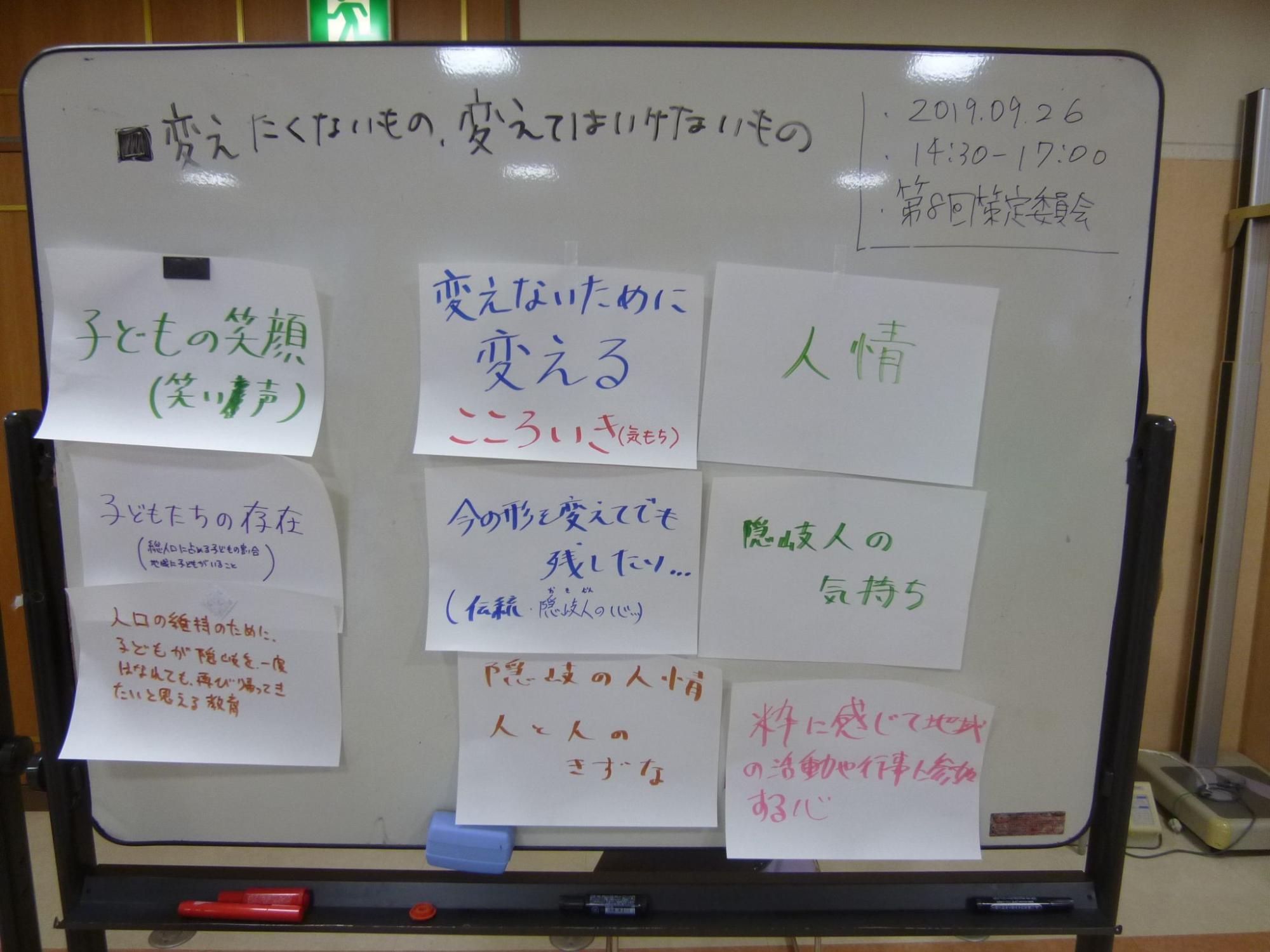 意見が書かれた紙が貼られているホワイトボードの写真