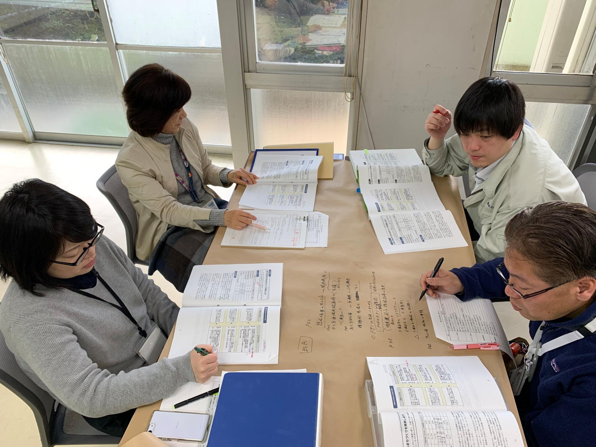 茶色い紙にメモしながら話し合いをしている職員たちの写真