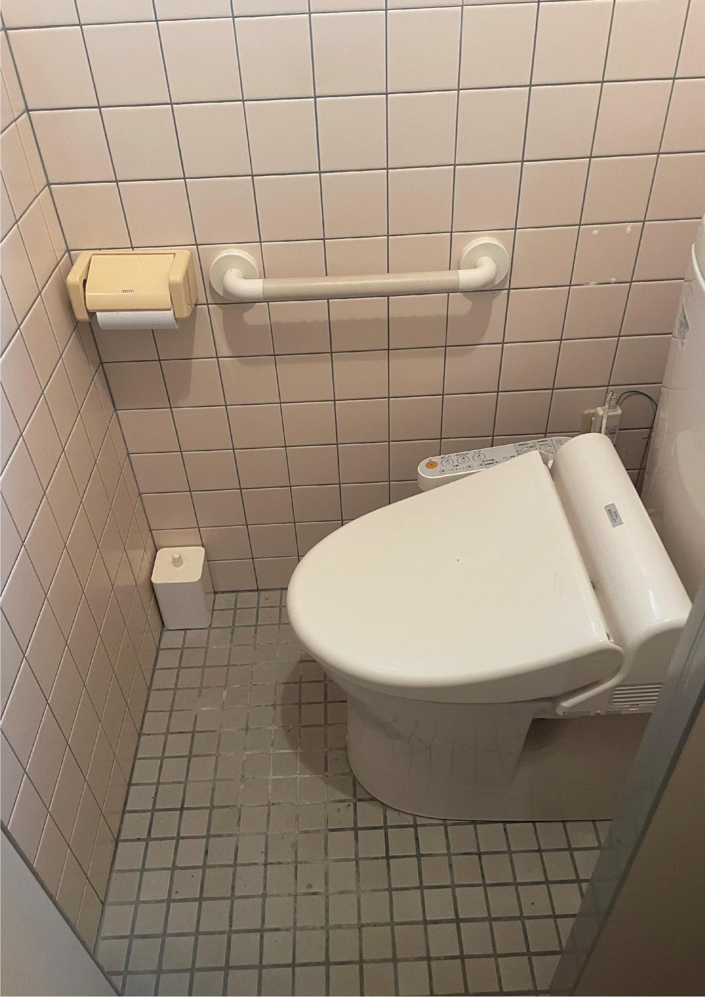 床と壁がタイル貼りで手すりがあり、洋式の便器が備え付けられているトイレの写真