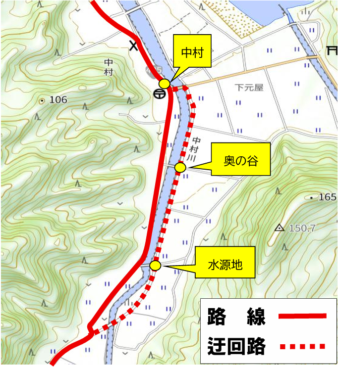 中村線の迂回路示した地図