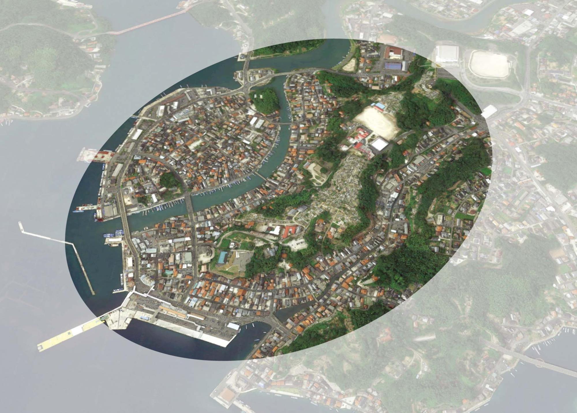 街の航空写真を半透明の円で囲った写真