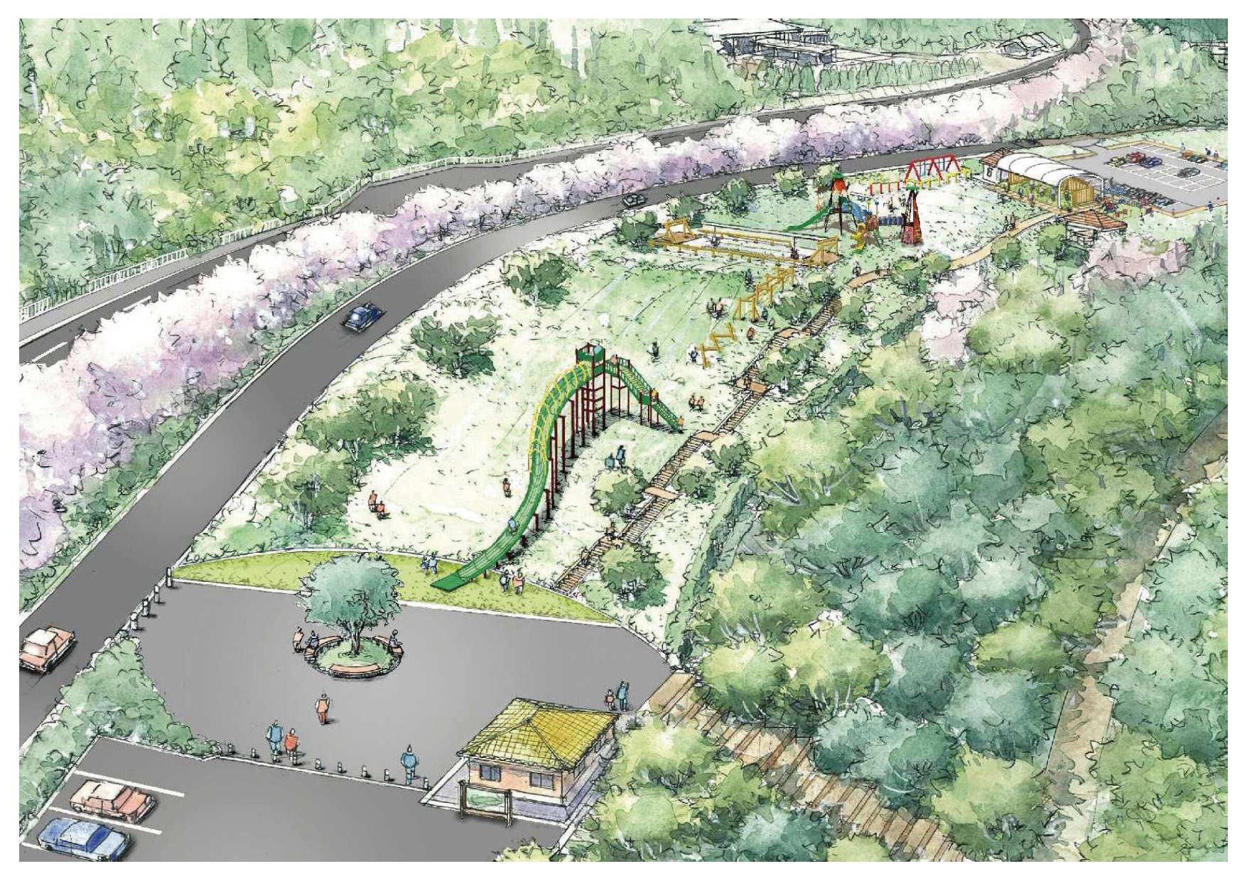 道路に面している緑豊かな公園を上空からの視点で描いた水彩画風のイラスト