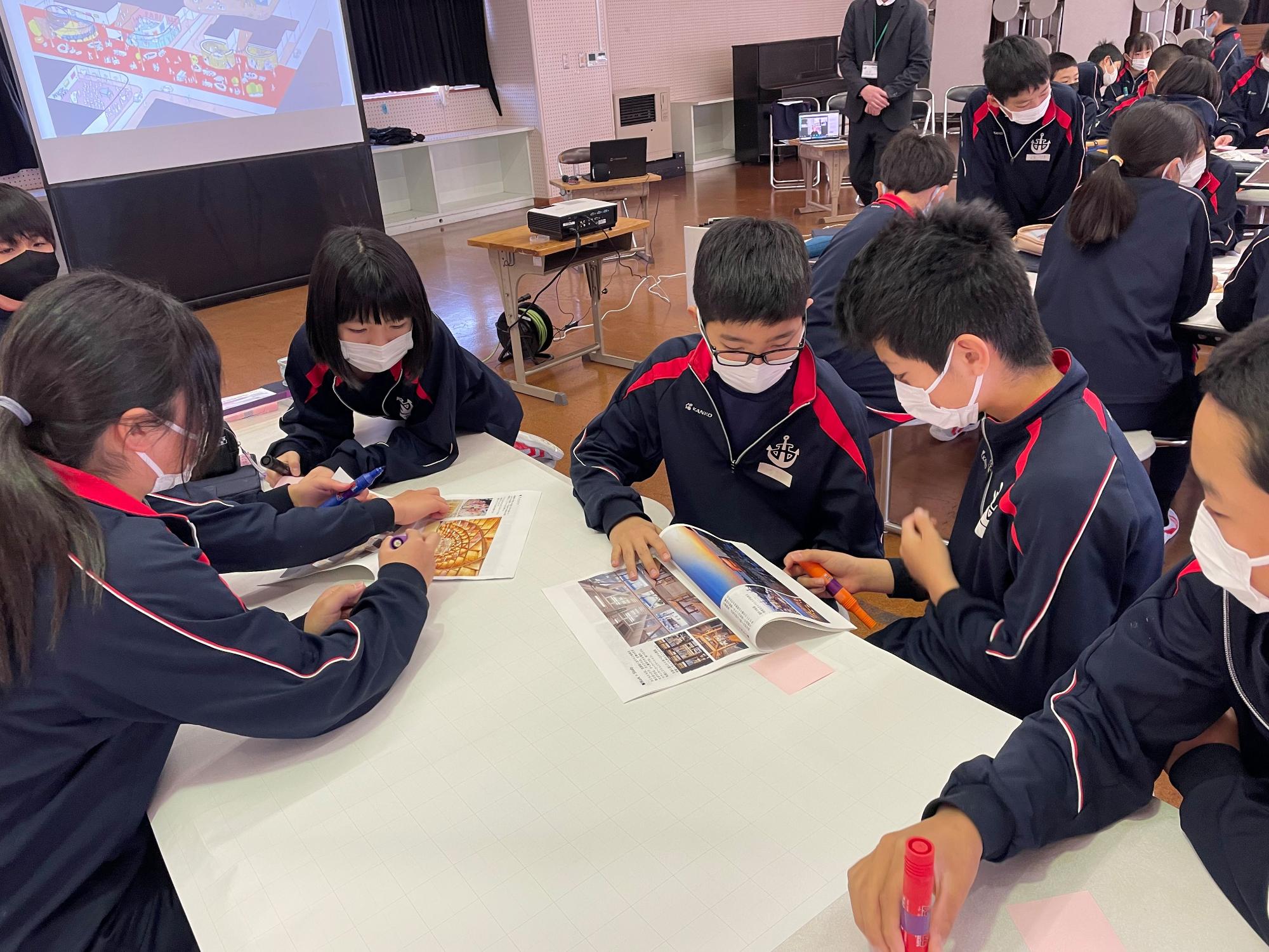 児童たちのグループが冊子を見ながら話し合っている写真