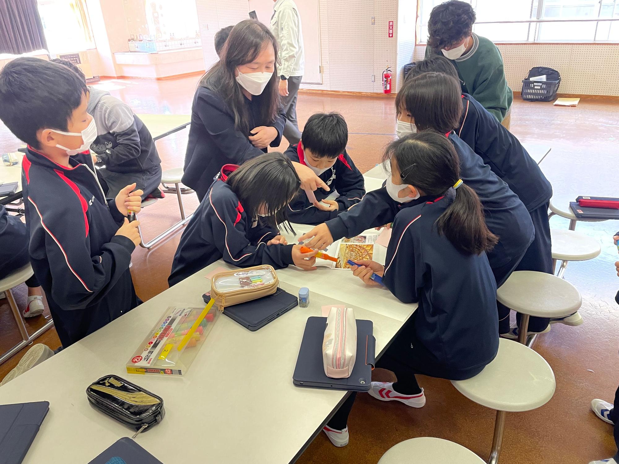 児童たちが先生の意見を聞きながら付箋に書きこんでいる写真