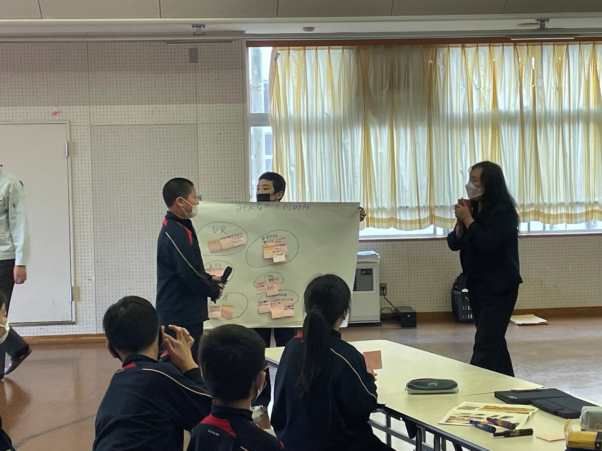 1人の児童が模造紙を掲げてもう1人の児童が前で発表をしている写真