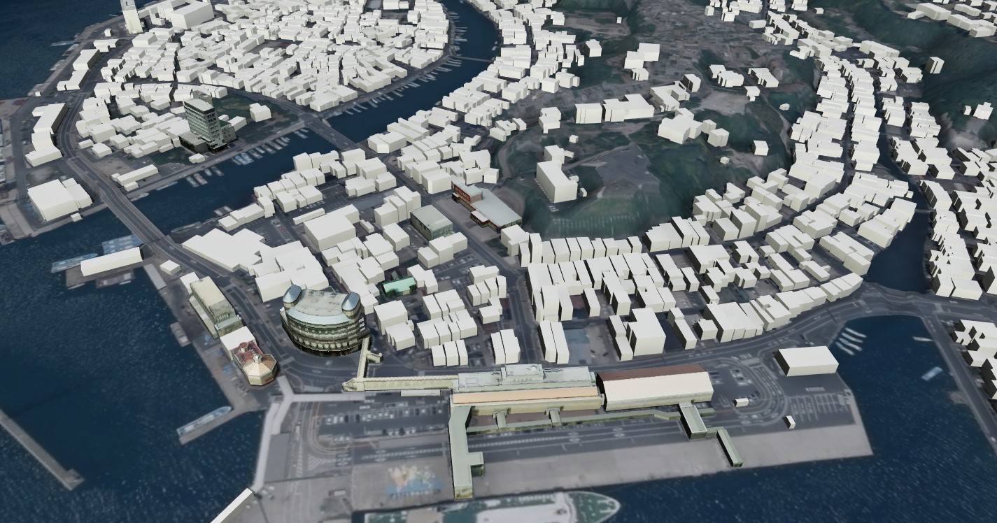 整備された港湾に白色の建物のオブジェクトが配置されているCGモデルの図