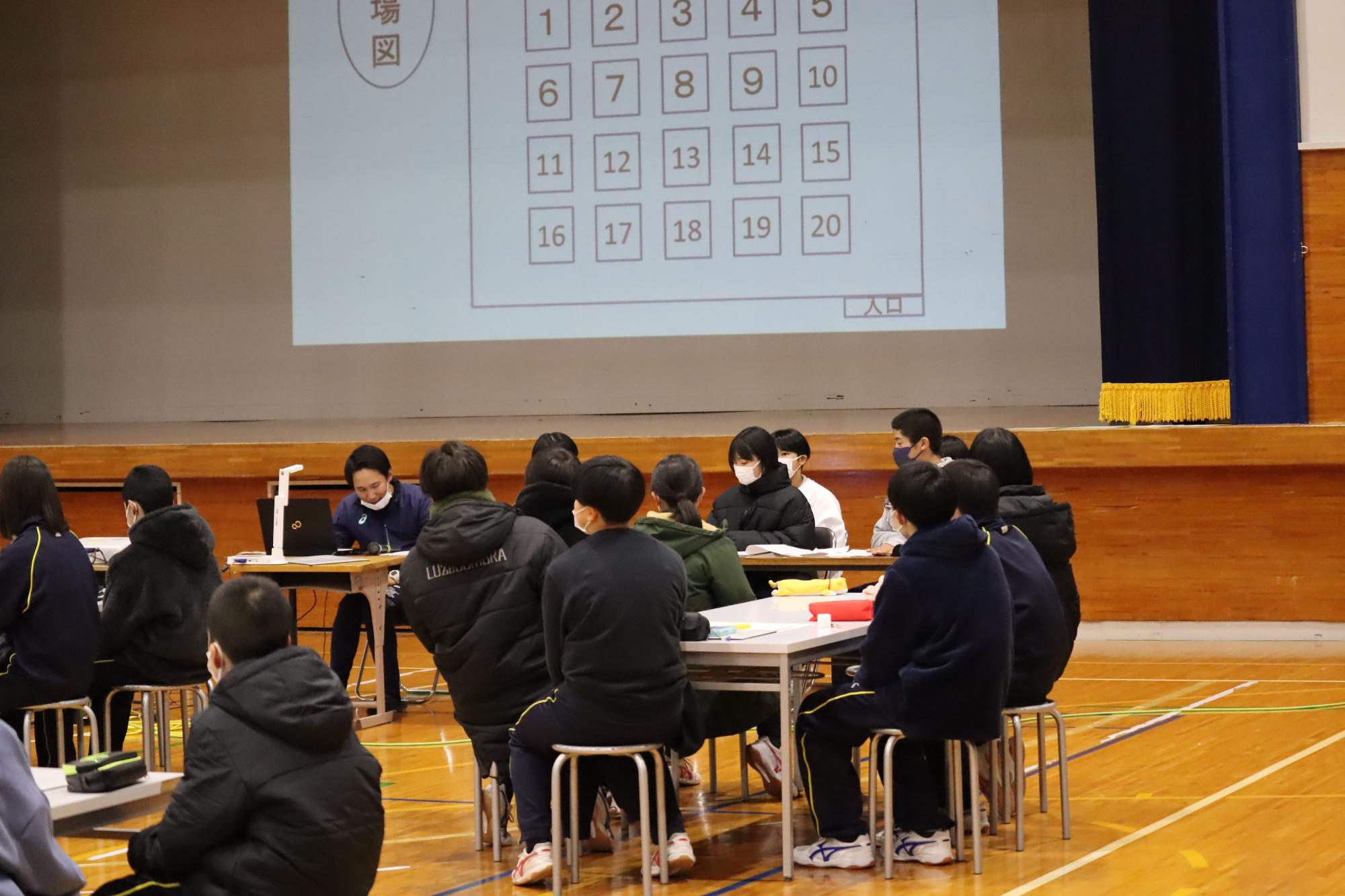 体育館に並んだ机を囲み話を聞いている生徒たちの写真