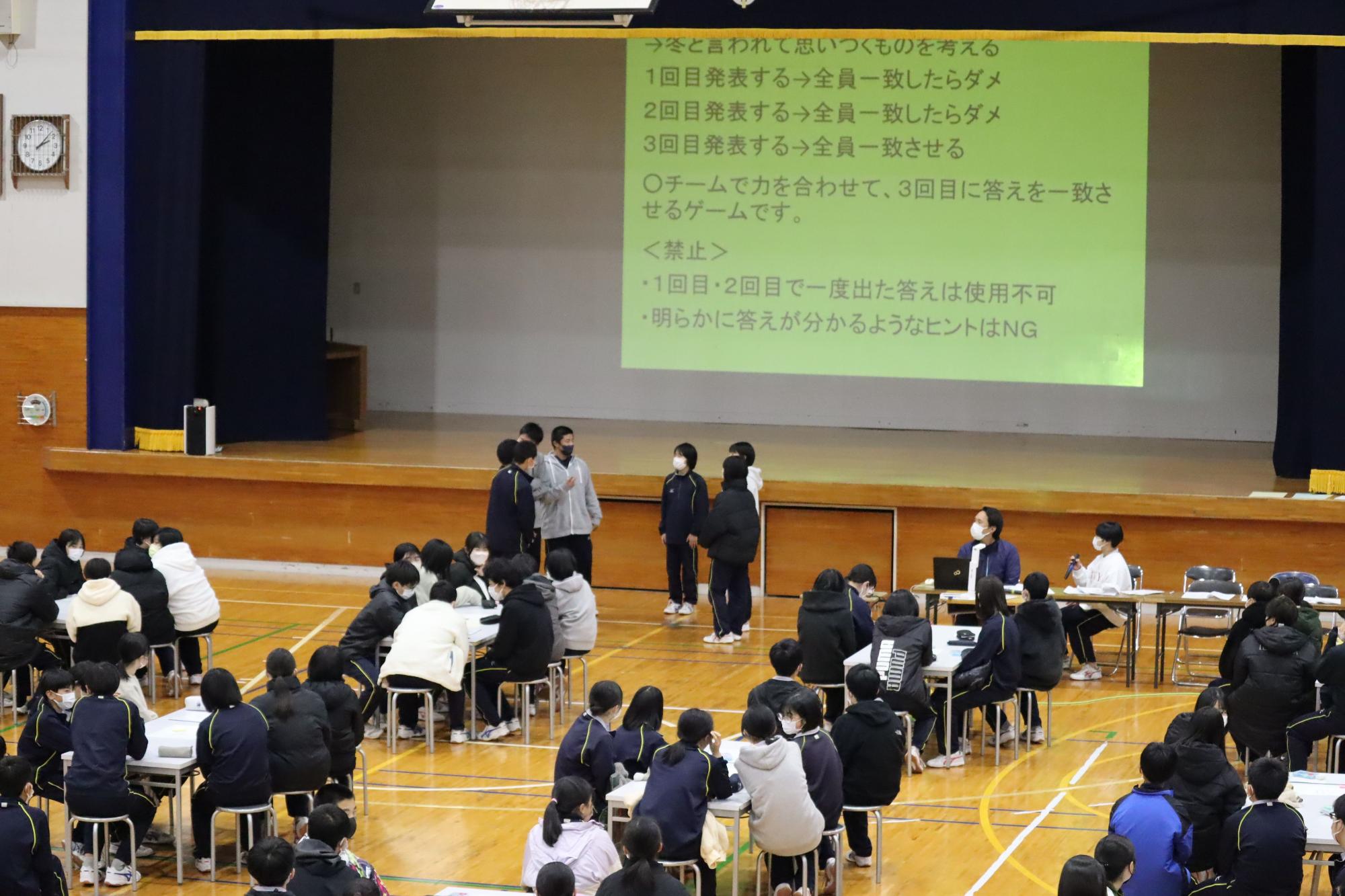 体育館でスクリーンに表示されたゲームのルールと実践している様子の生徒の写真