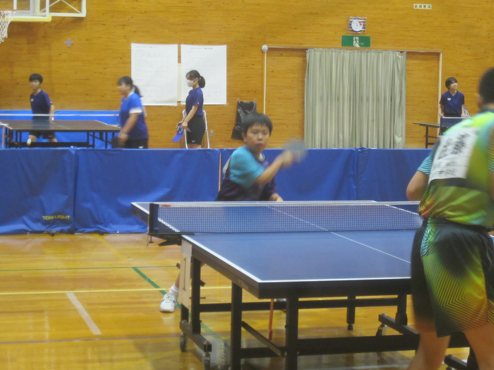 体育館で卓球をする生徒たちの写真