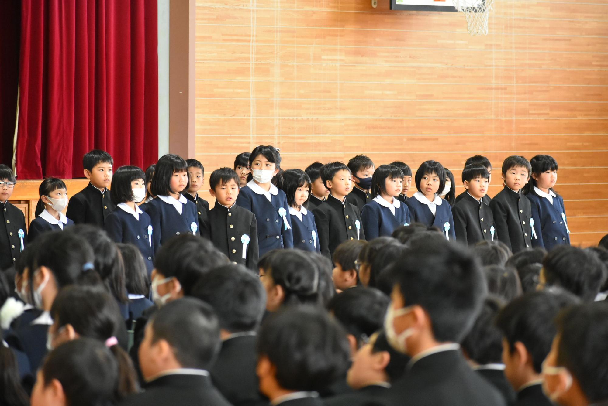 入学式で新入生が整列している写真