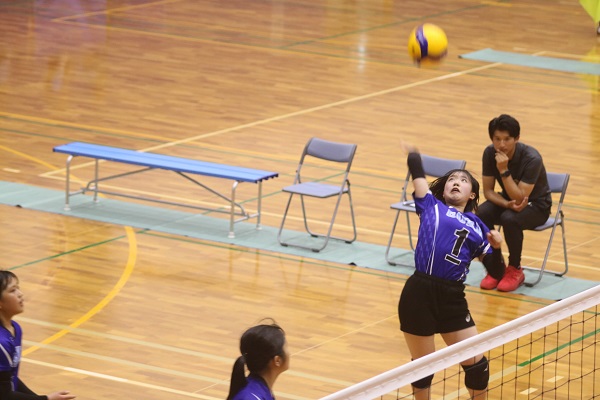 体育館で女子バレーボール部の生徒がスパイクを打とうとしている写真