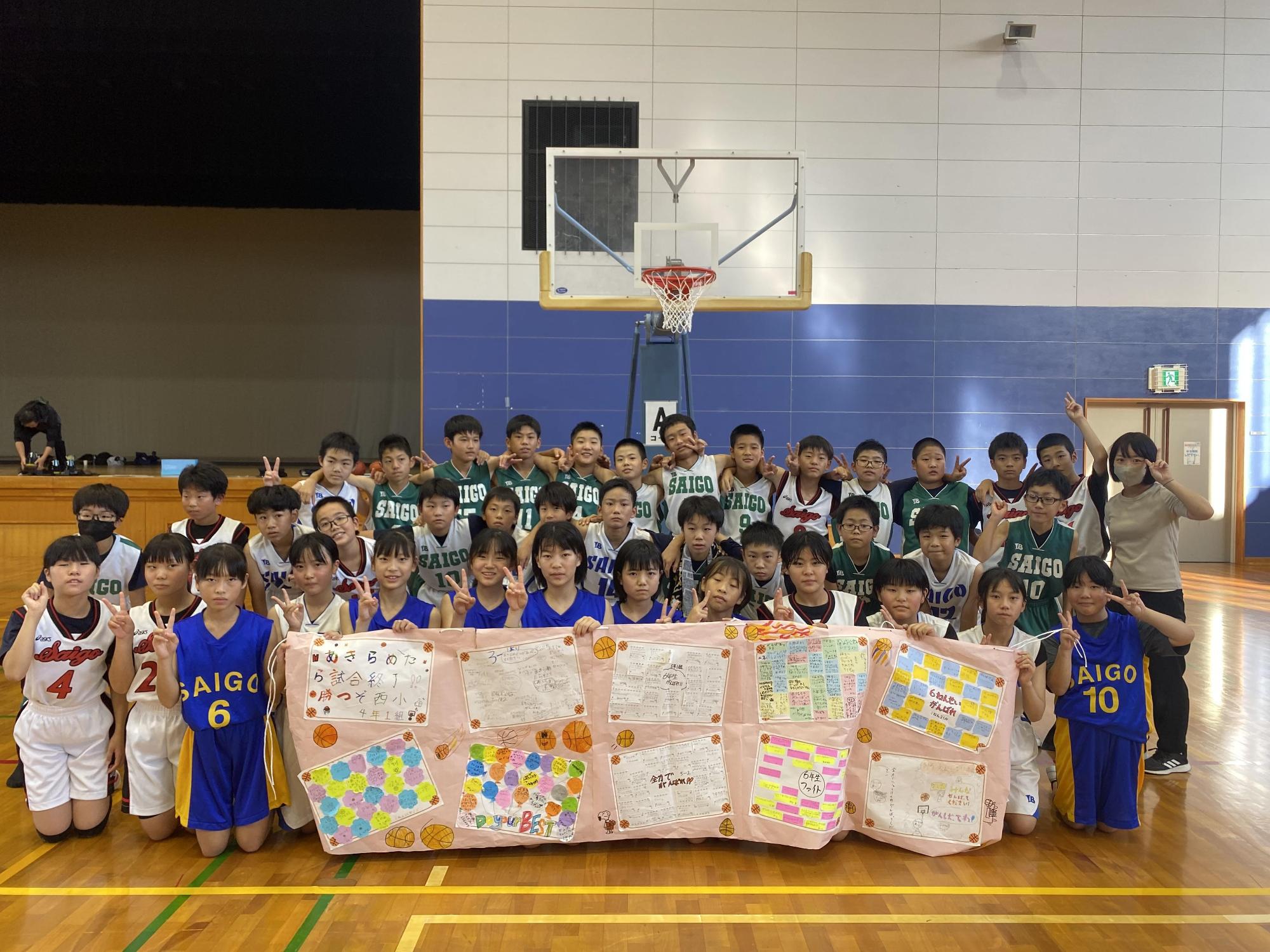 体育館で複数のチームが集合し、横断幕を持って記念撮影をしている写真
