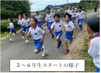 校外の道を3年生から6年生の児童たちが力いっぱい走っている写真