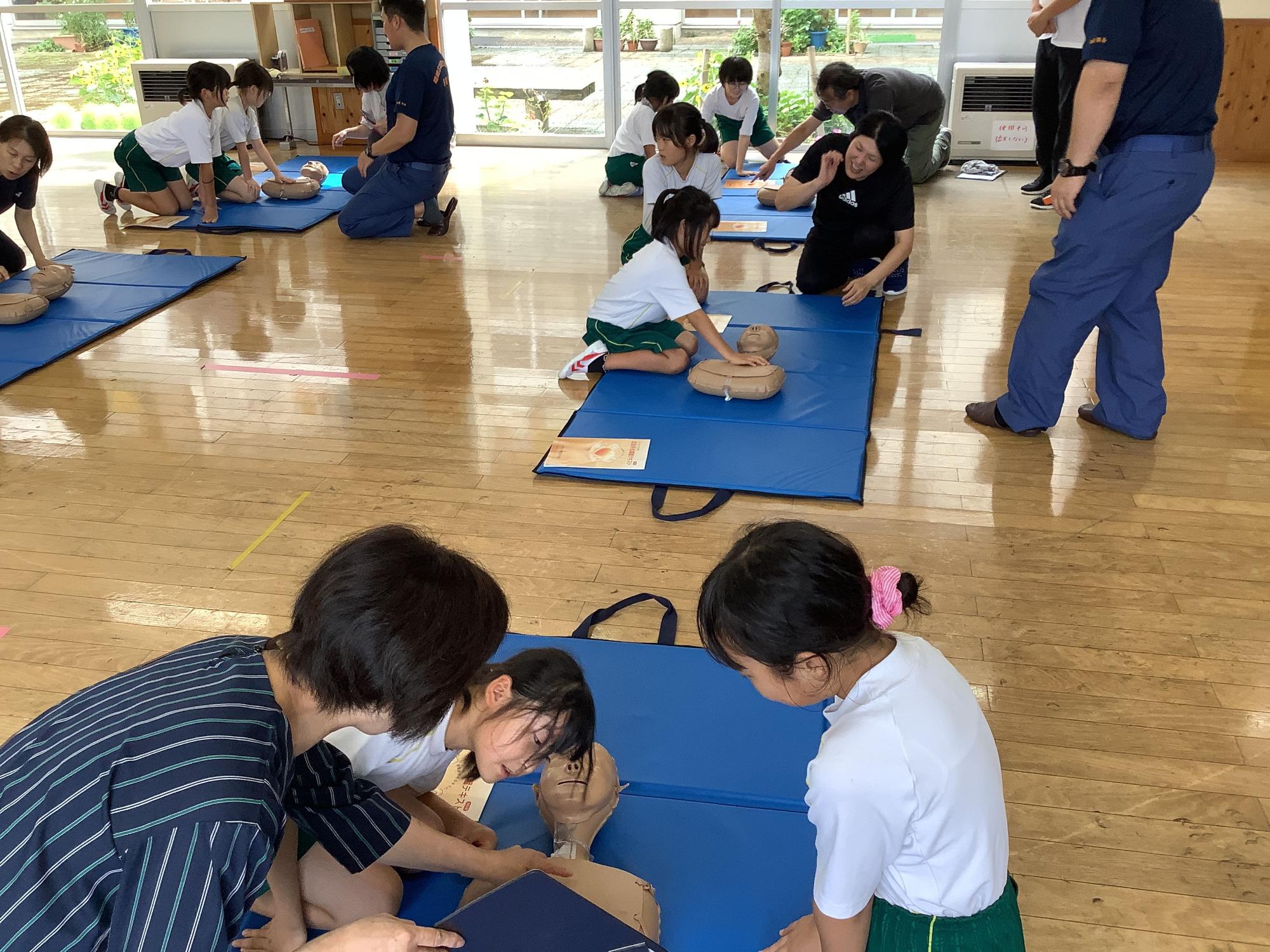 数人ずつグループになりグループ毎に1～2人先生と消防署の職員さんが付き添い、目の前の青色のマットの上に置かれた人形を使って心肺蘇生法を習っている写真