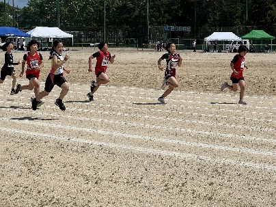 グラウンドでユニフォームを着た女子選手たちが全力で走っている短距離走の写真