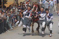 玉若酢命神社御霊会風流にて行われた馬とともに駆けている馬入れ神事の写真