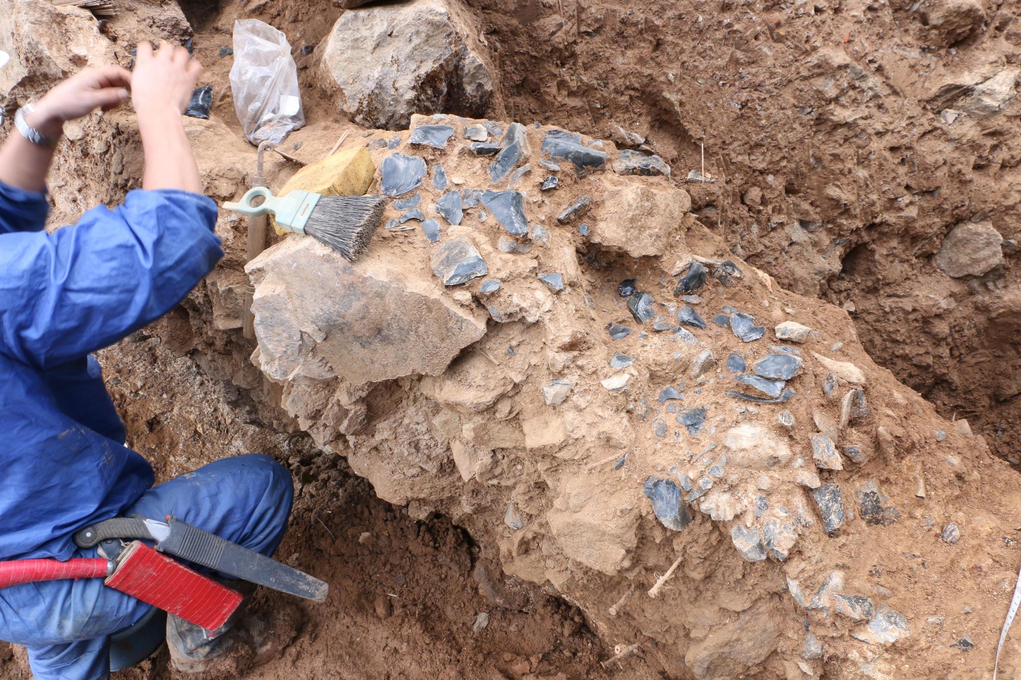刷毛などを使って丁寧に埋蔵物の発掘調査をしている男性の写真