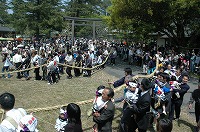 人々が見守る中行われている水若酢神社祭礼風流の写真
