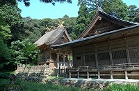 森を背景とした玉若酢命神社の社殿の写真