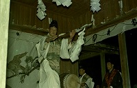 絵が描かれた白い幕で仕切られた内側で行われている代神楽の写真