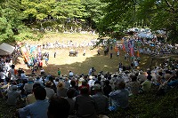 沢山ののぼりが立っており大勢の人が見守る中行われている隠岐の牛突き習俗の写真