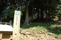 手前に道しるべが立っていて木立ちの奥に土が盛り上がっているのが見える平神社古墳の写真