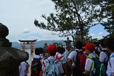 厳島神社の鳥居を少し遠くから眺めている児童たちの写真