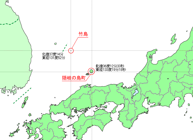 竹島と隠岐の島町の位置を表す地図
