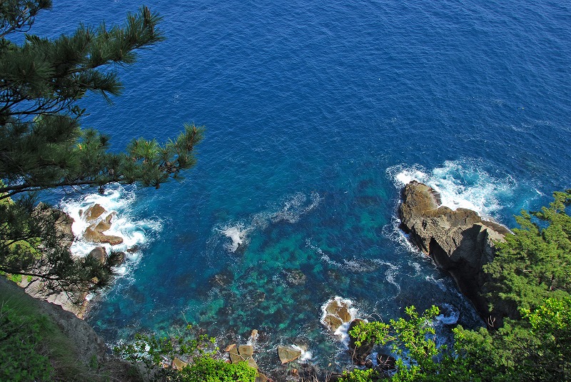 崖の下に透き通った海が広がっている写真