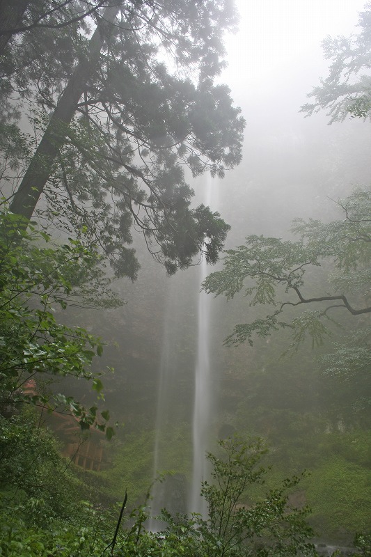 霧のかかった山林地帯にある木造の建物の近くで滝が流れている写真