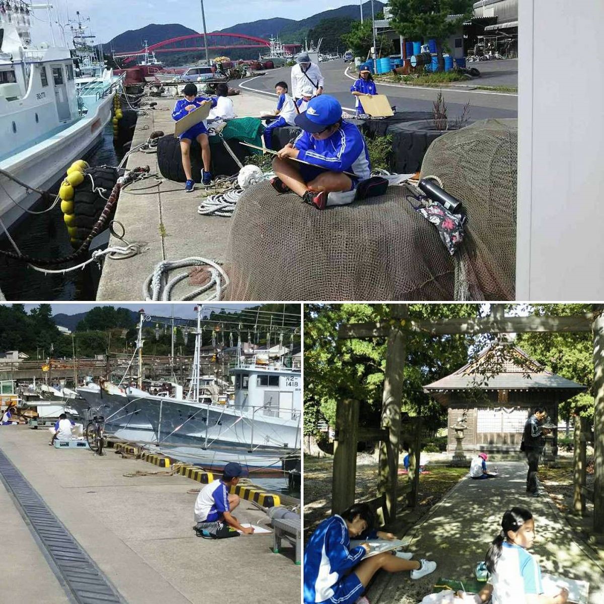 児童たちが神社や港町で写生をしている複数の写真