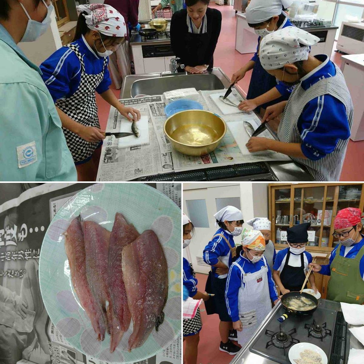 児童たちが漁師に教わりながらアジをさばいたり料理をしている複数の写真
