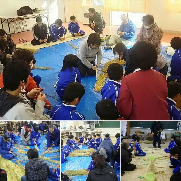 児童たちが指導者に教わりながら注連縄づくりをしている複数の写真