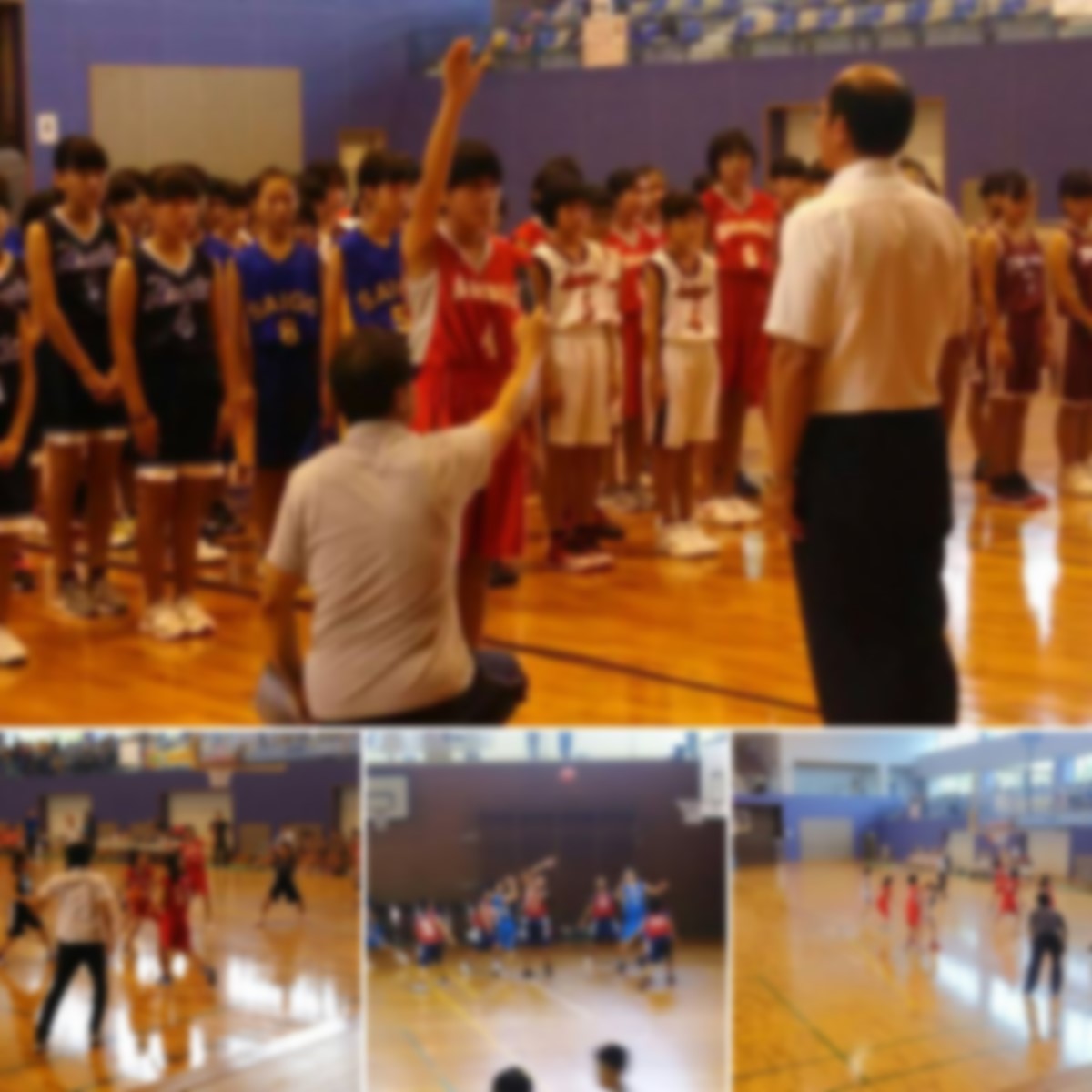 バスケットボールをしたり、代表児童が宣誓をしている複数の写真