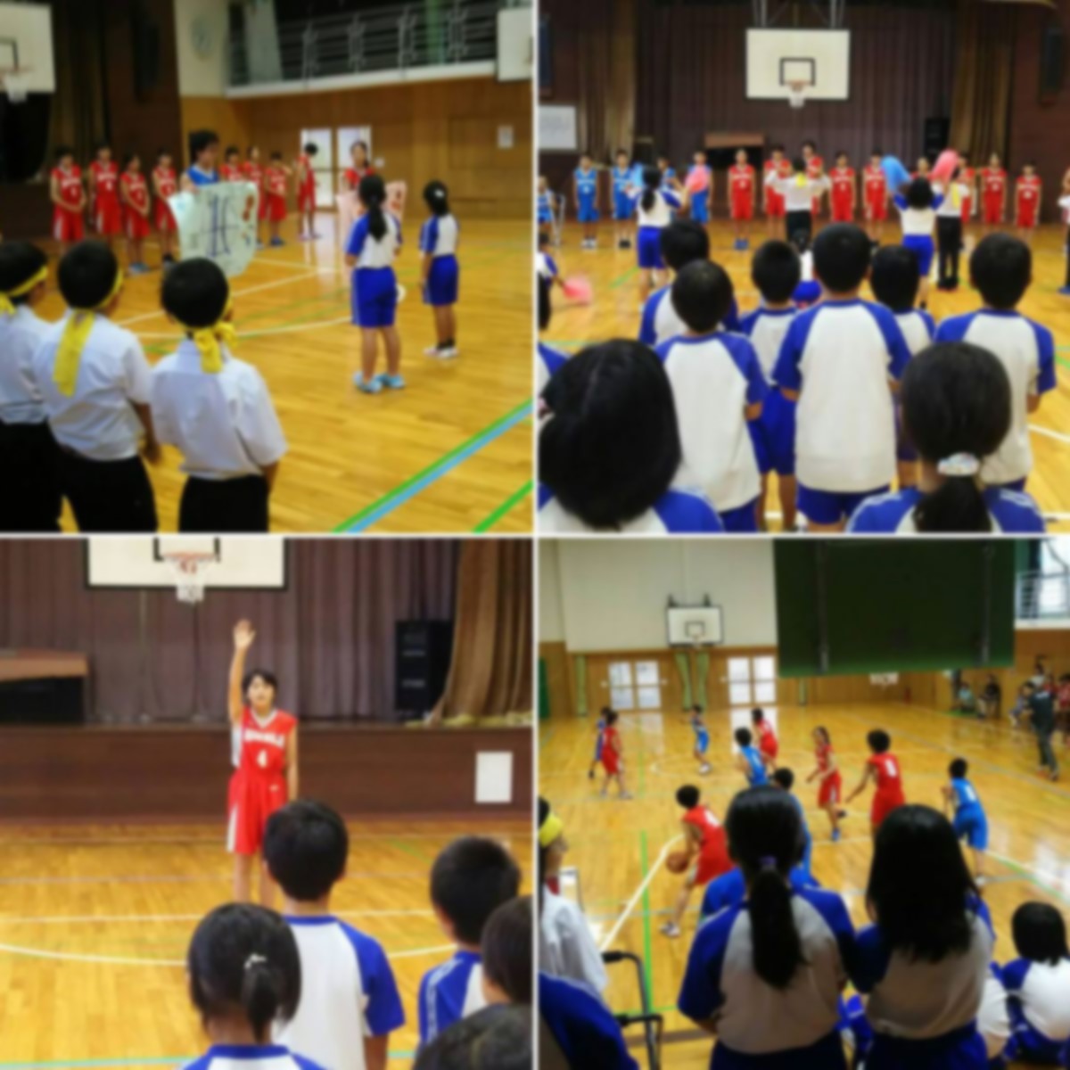 バスケットボール大会で児童たちが選手宣誓や試合をする複数の写真