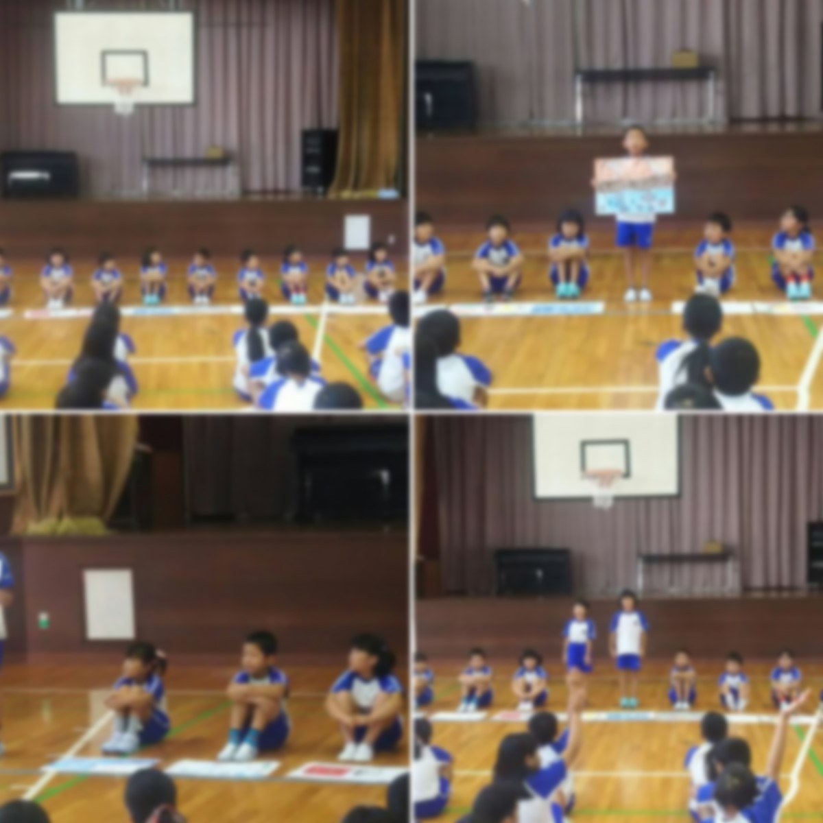 体育館で児童たちが絵が描かれた紙を持ちながら発表している複数の写真