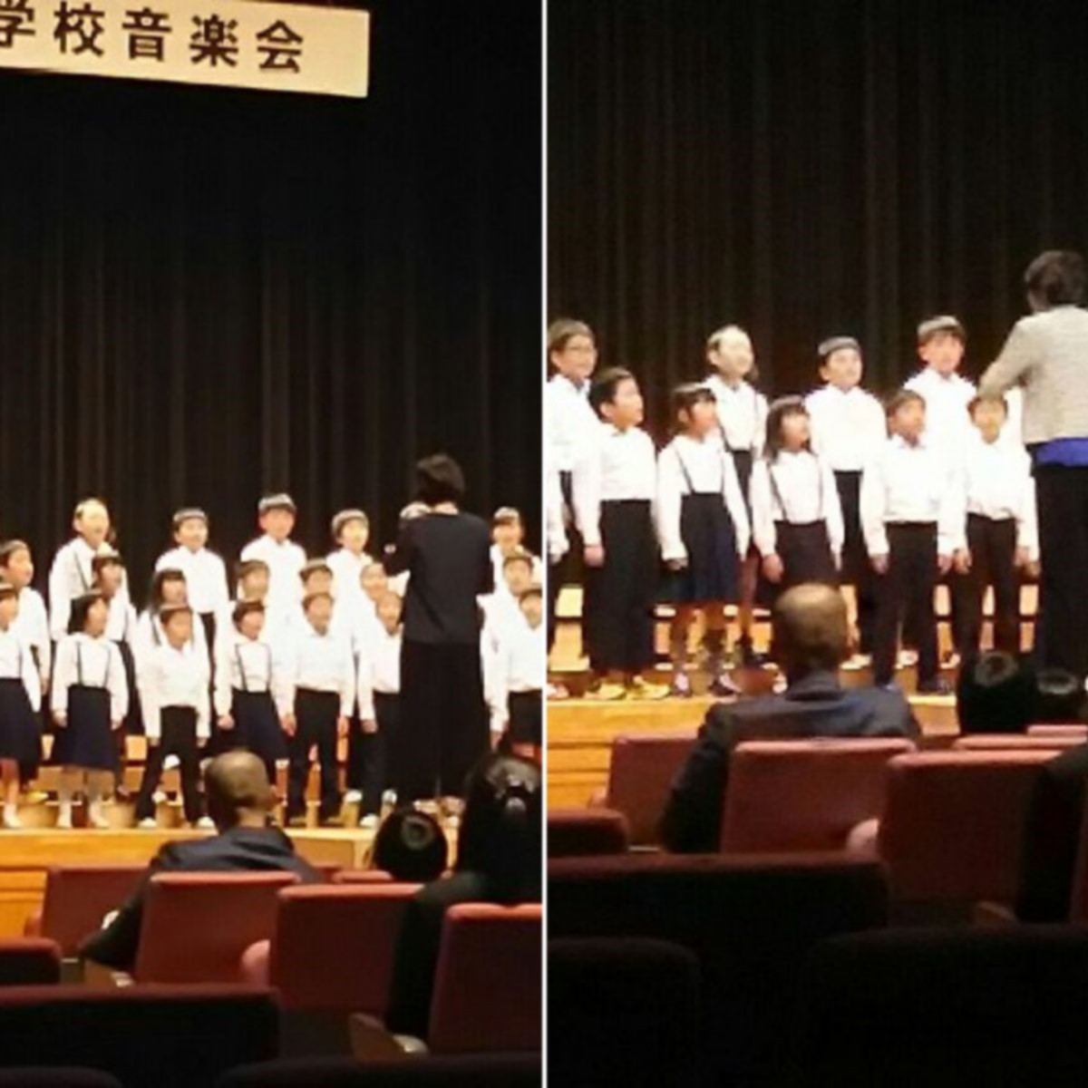 会場で児童たちがステージ上で合唱している複数の写真