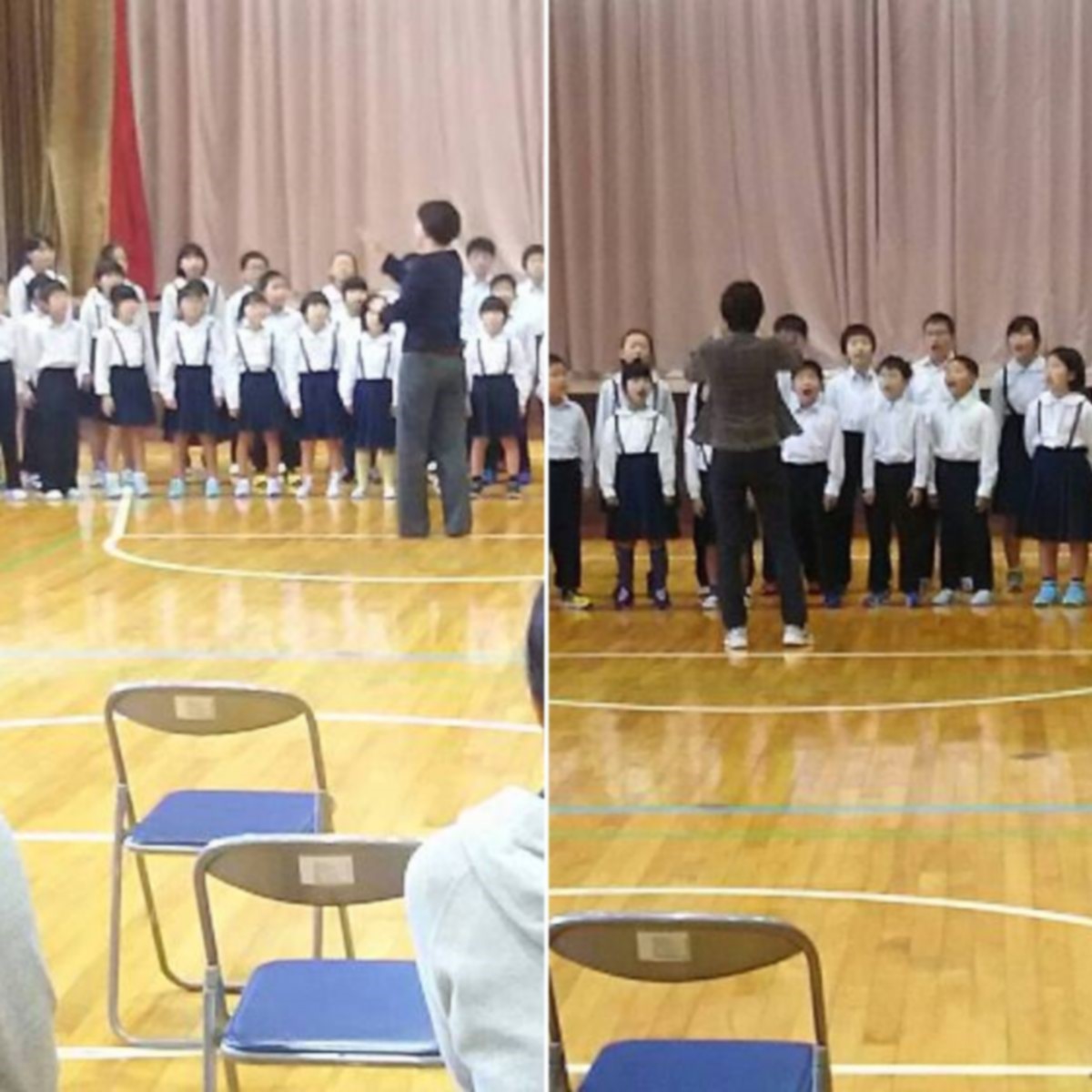 体育館で児童たちが指揮に合わせて合唱している複数の写真