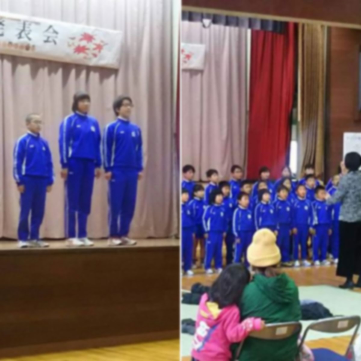 児童たちが合唱したりステージ上で整列している複数の写真