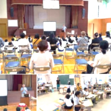 体育館に児童と保護者が分かれて座り説明を聞いている複数の写真