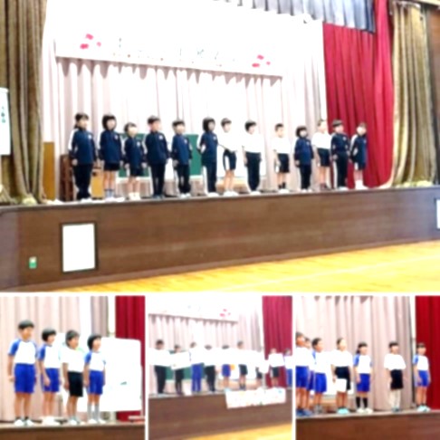 体育館のステージ上で模造紙を使って発表している児童の複数の写真