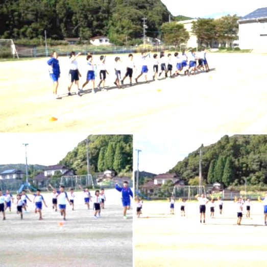 校庭に並んで手を挙げて応援の練習をしている児童たちの複数の写真