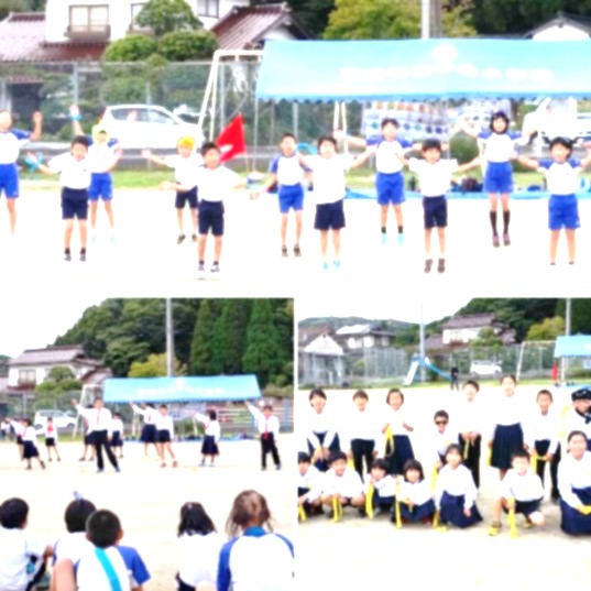 運動場で児童たちが準備体操や応援のエールを送っている複数の写真