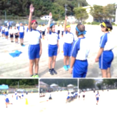 運動場で選手宣誓や綱引きをしている児童たちの複数の写真