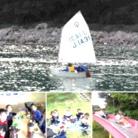 ヨットを操ったり、滑り台で遊んだりしている児童たちの複数の写真